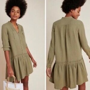 MAEVE ANTHROPOLOGIE KATIE TEXTURED UTILITY TUNIC DRESS OLIVE GREEN COTTON SIZE 8